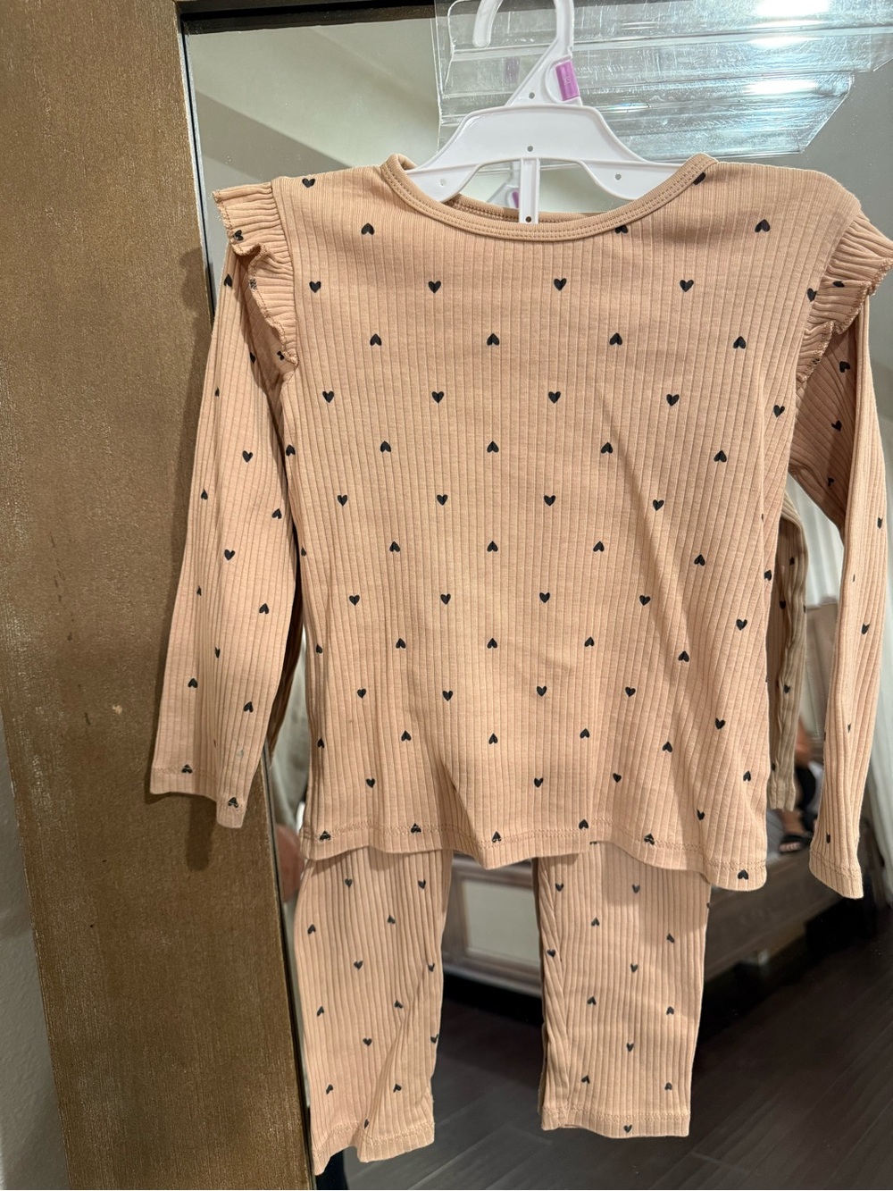 Girls' light brown Heart Ribbed Set - Long Sleeve Top & Pants